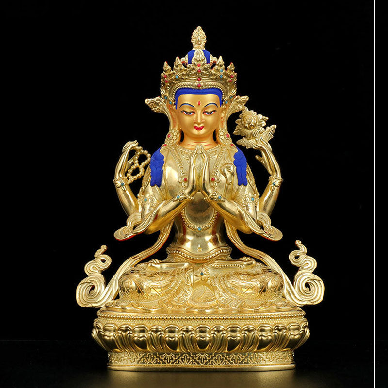 Chenrezig Copper Gold Plated Buddha Statue for Protection 5 Inch
