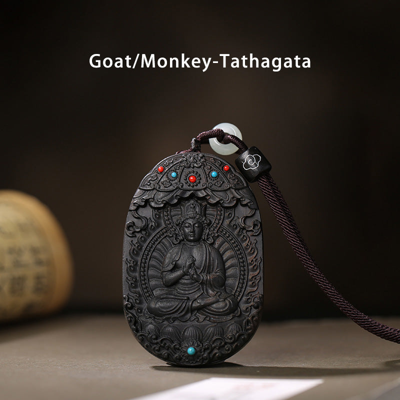 Collier en bois d'agar avec pendentif Om Mani Padme Hum et signe du zodiaque chinois