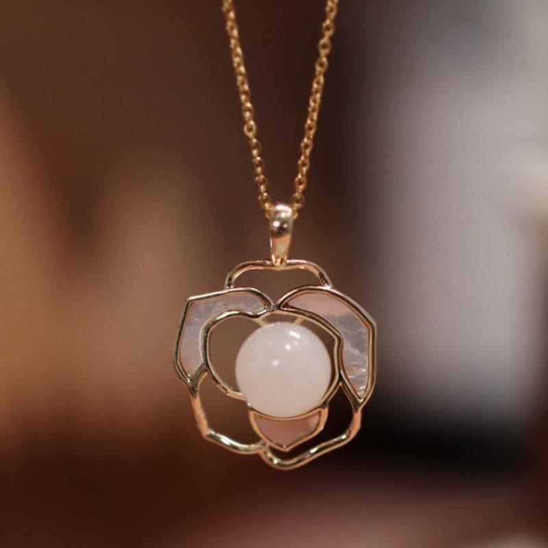 Hetian White Jade Camellia Flower Jewelry Set for Luck & Protection