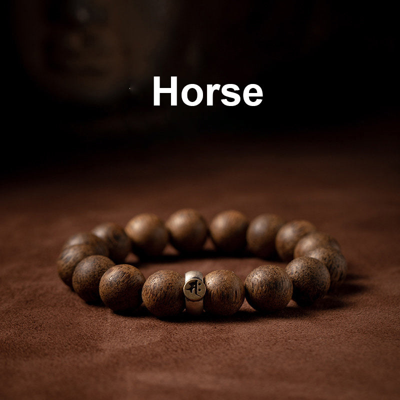 Bracelet de paix en bois d'agar naturel avec perles de 12 mm et symbole du zodiaque chinois