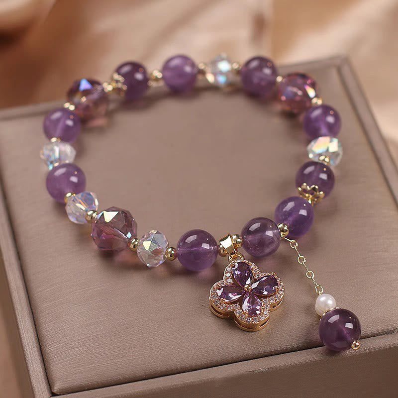 Natural Amethyst Spiritual Healing Bracelet with Four Leaf Clover Charm