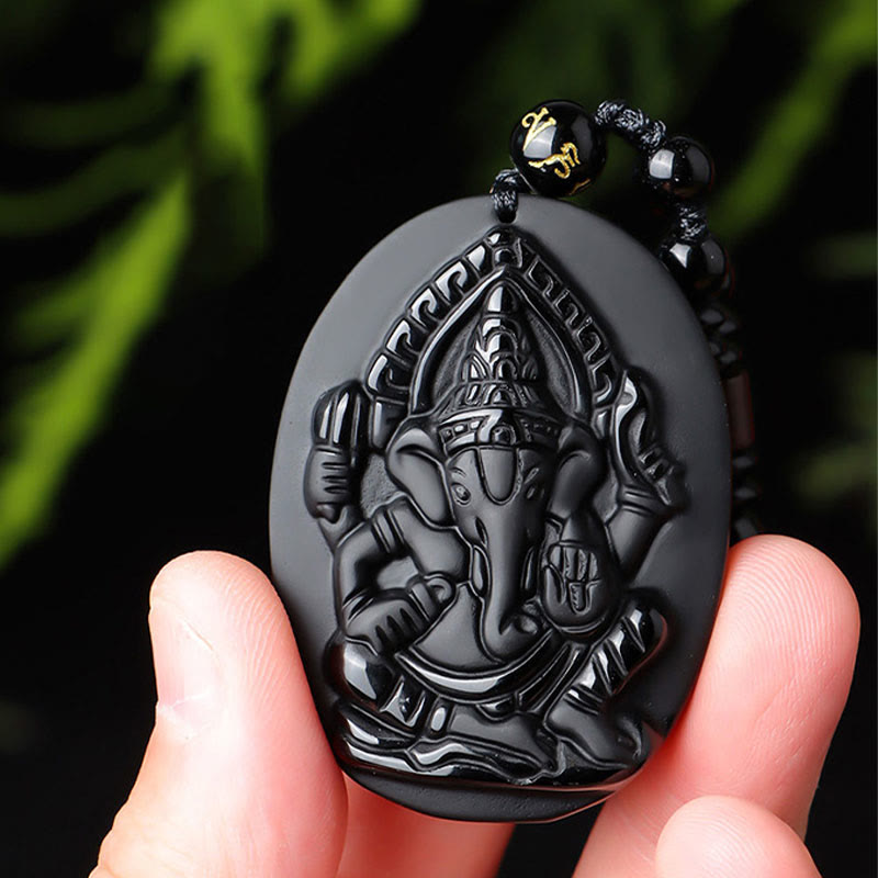 Obsidian Ganesh Elephant Wealth Amulet Necklace 56cm