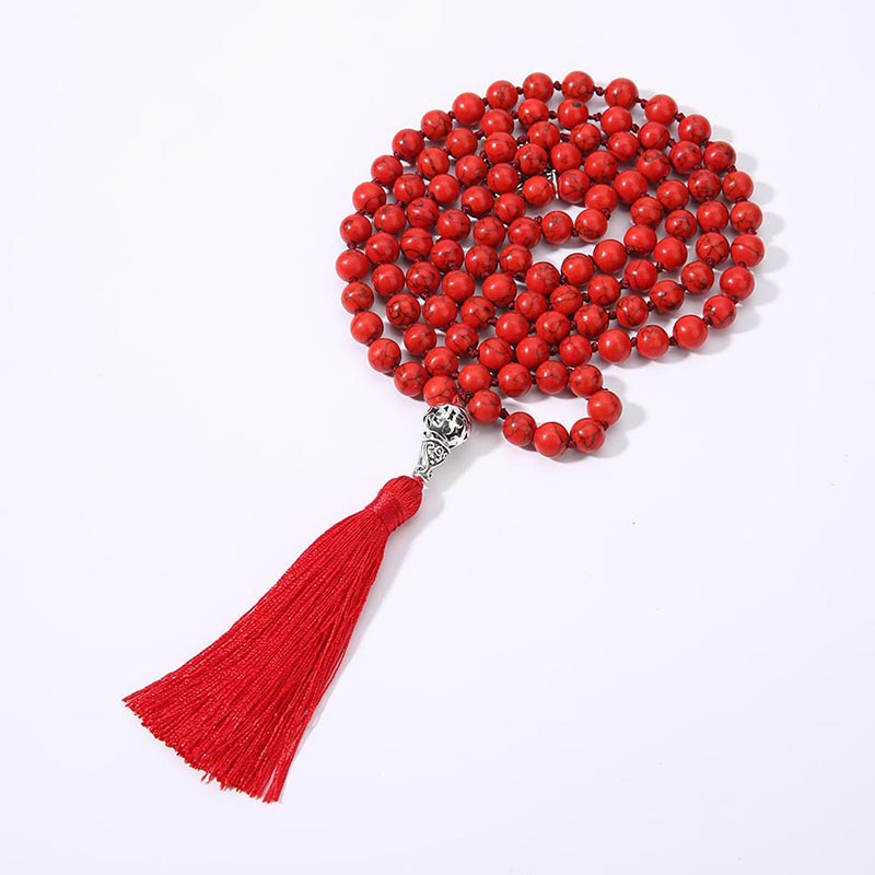 108 Bead Mala Necklace with Red Turquoise or Lazurite Beads