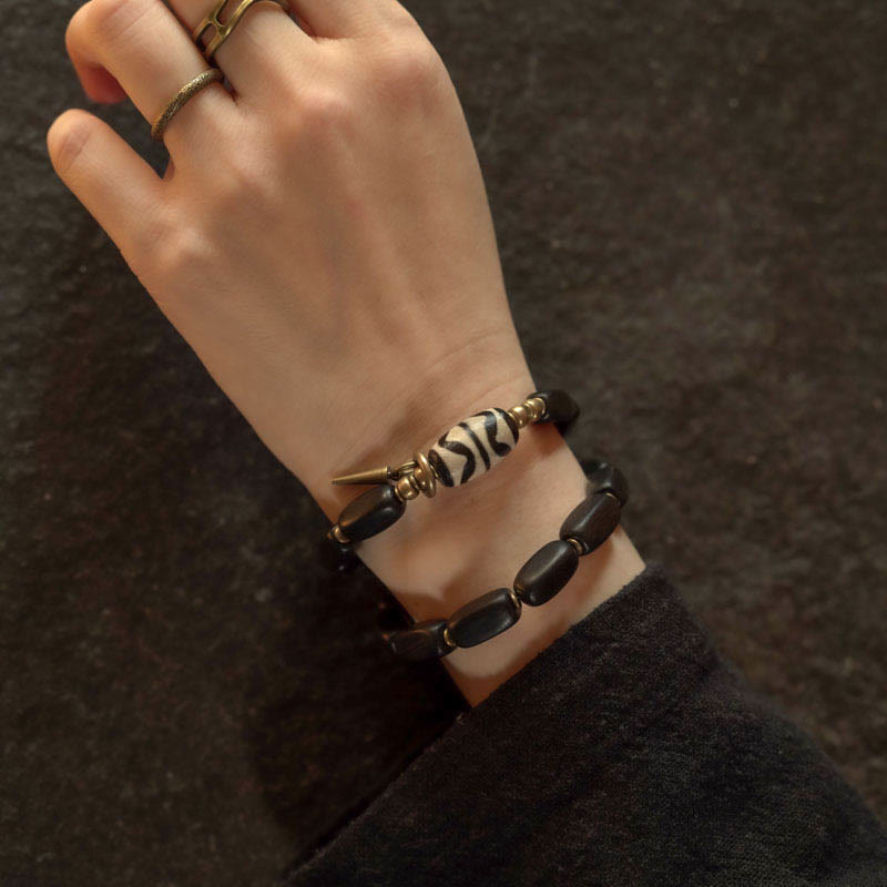 Ebony Wood Double Wrap Bracelet with Dzi Beads for Balance