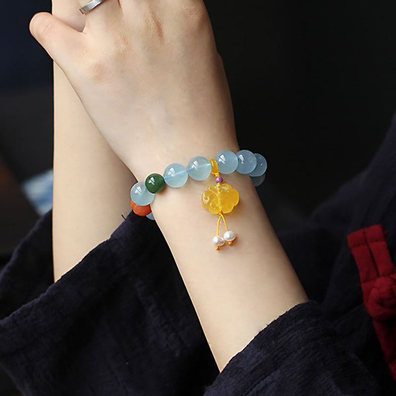 Aquamarine & Amber Peace Bracelet with Chinese Knot Charm