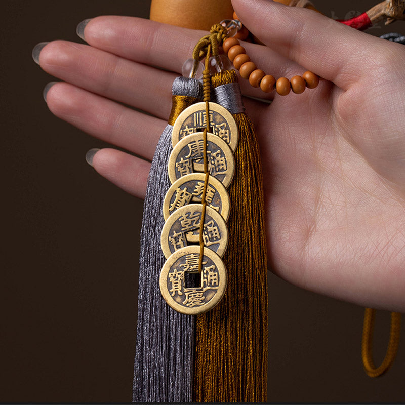 Feng Shui Five Emperor Coins Gourd Tassels 41cm Decoration