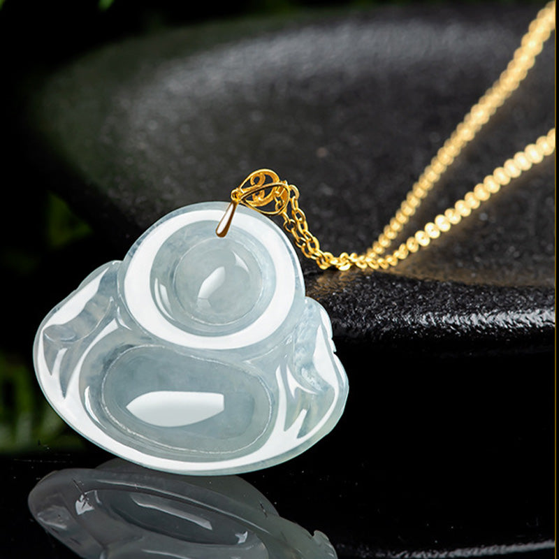 Collier pendentif Bouddha rieur en jade, or 18 carats, pour l'abondance