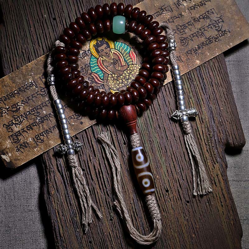 9mm Purple Bodhi Seed Mala Bracelet with Three-eyed Dzi Beads for Harmony
