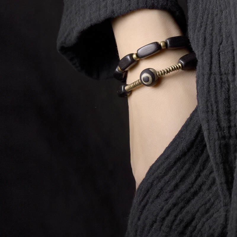 Ebony Wood Double Wrap Bracelet with Dzi Beads for Balance