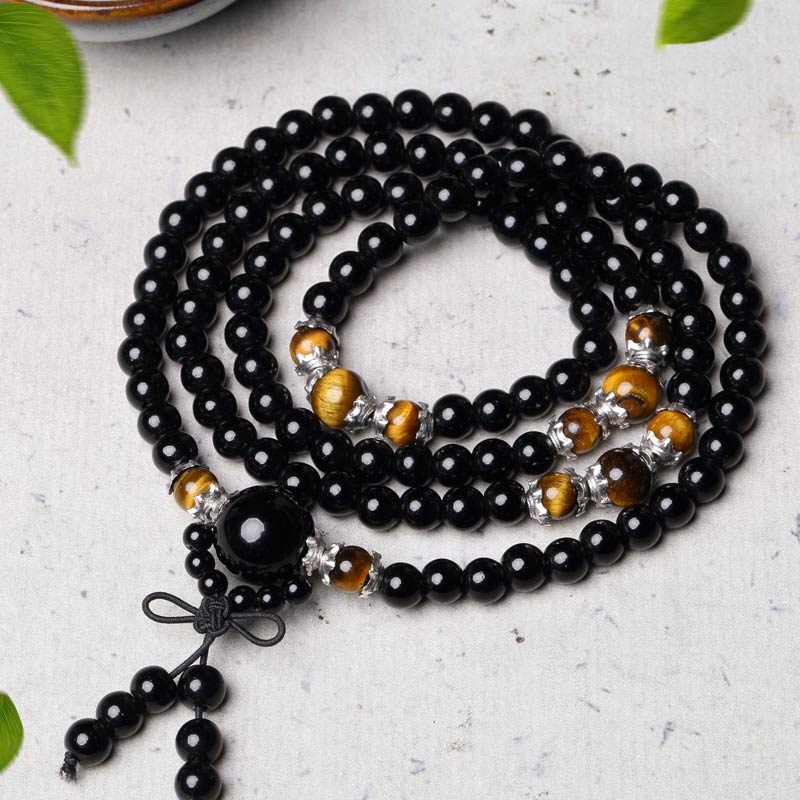 6mm Black Obsidian & Tiger Eye Mala Bracelet for Protection