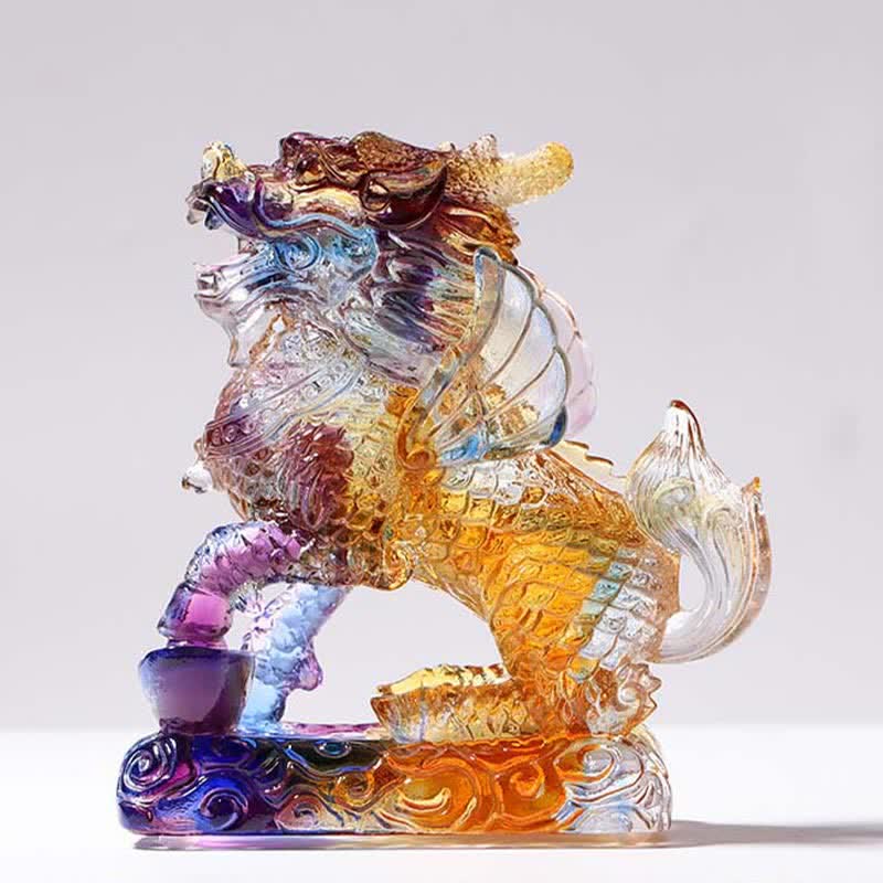 Pièce d’art en cristal Liuli Feng Shui Kirin faite à la main