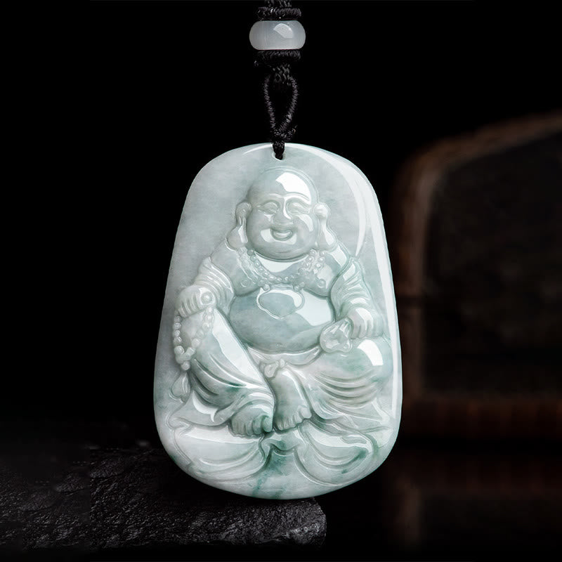 Collier pendentif porte-bonheur Bouddha rieur en jade naturel 65 cm