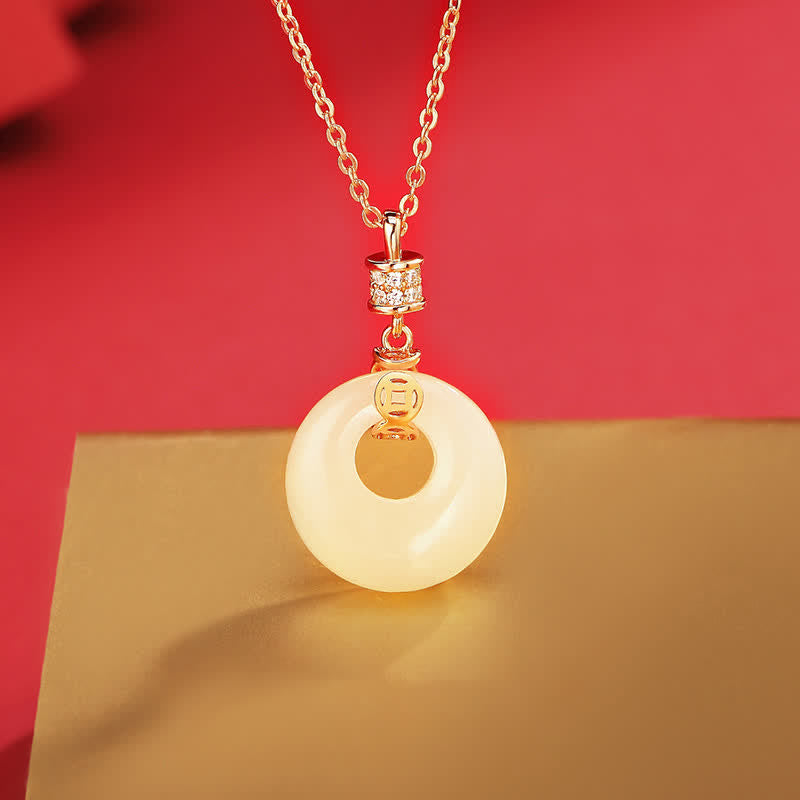 925 Sterling Silver Hetian White Jade Peace Buckle Necklace Unisex