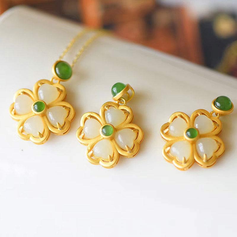 925 Sterling Silver Lucky Four Leaf Clover Jade Necklace | Prosperity & Luck