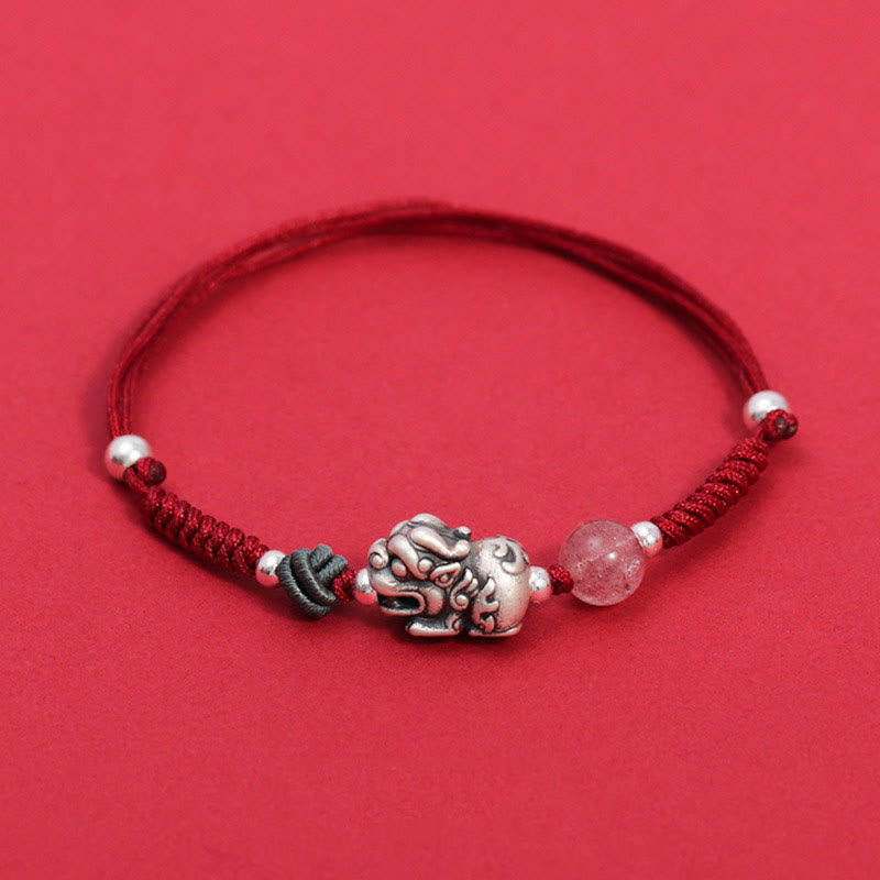 999 Sterling Silver PiXiu Strawberry Quartz Rose Quartz Bracelet for Wealth