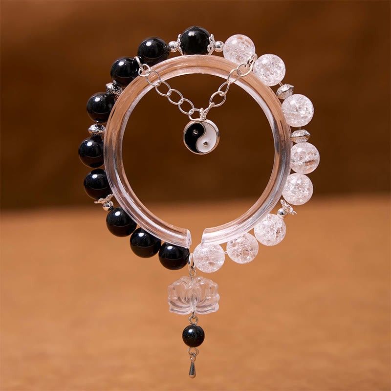 Silver Sheen Obsidian Protection Bracelet with Yin Yang Lotus Charm