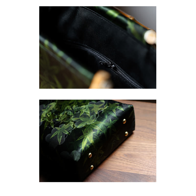 Sac à main en bambou avec motif papillon et poisson koï et poignées en jade