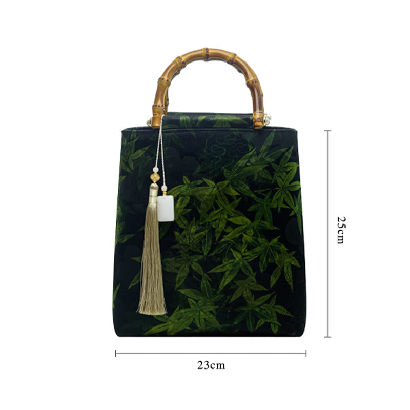 Sac à main en bambou avec motif papillon et poisson koï et poignées en jade
