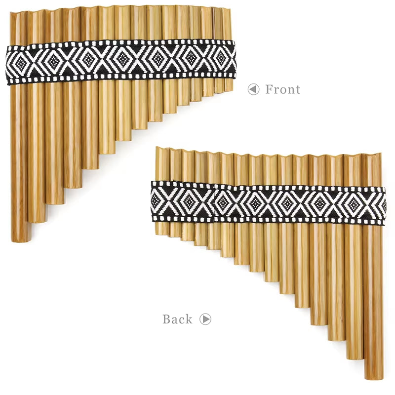 Bamboo Pan Flute G Key with black and white geometric patterned band, 15 pipes