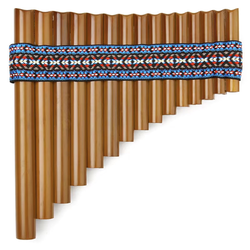 Bamboo Pan Flute G Key Handmade 15 Pipes with decorative woven band and geometric patterns