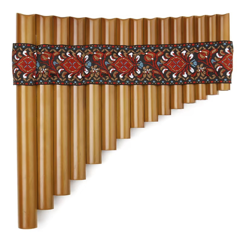 Bamboo Pan Flute G Key with decorative red and black woven fabric band, 15 pipes