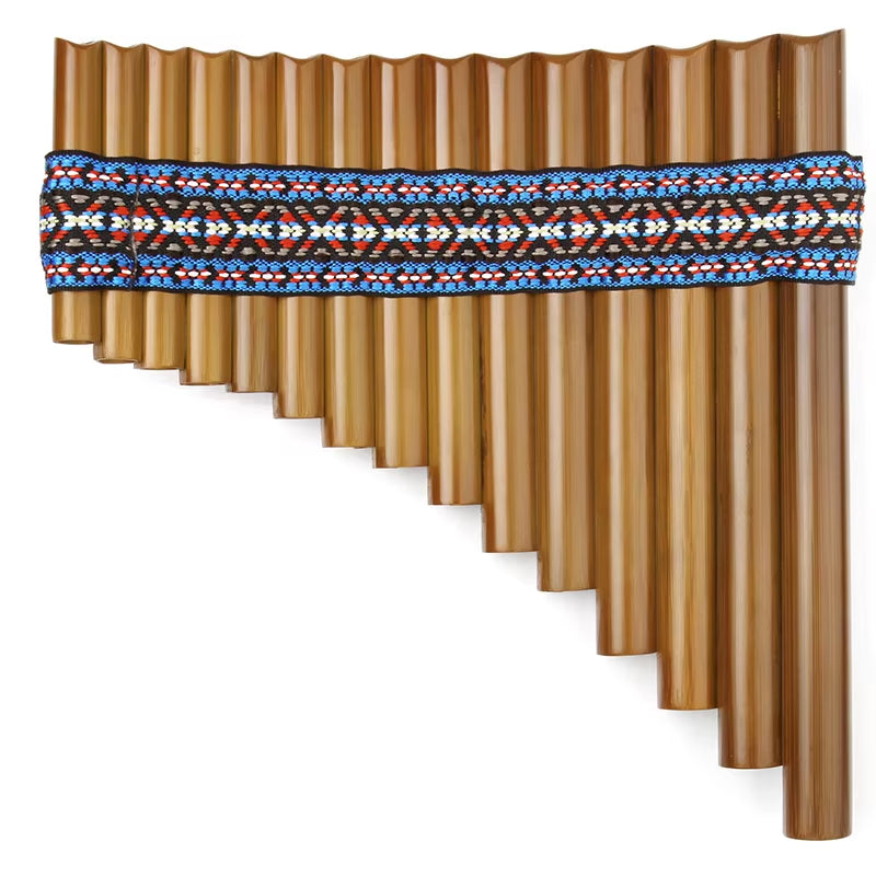 Bamboo Pan Flute G Key with decorative band in blue and red geometric patterns