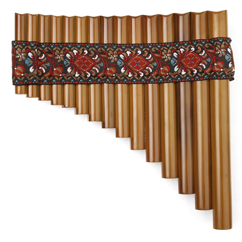 Bamboo Pan Flute G Key with floral-embroidered fabric band, 15 handmade pipes