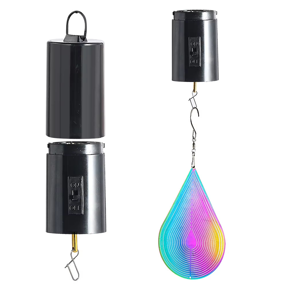 Black battery-powered motor spinning colorful teardrop holographic wind spinner