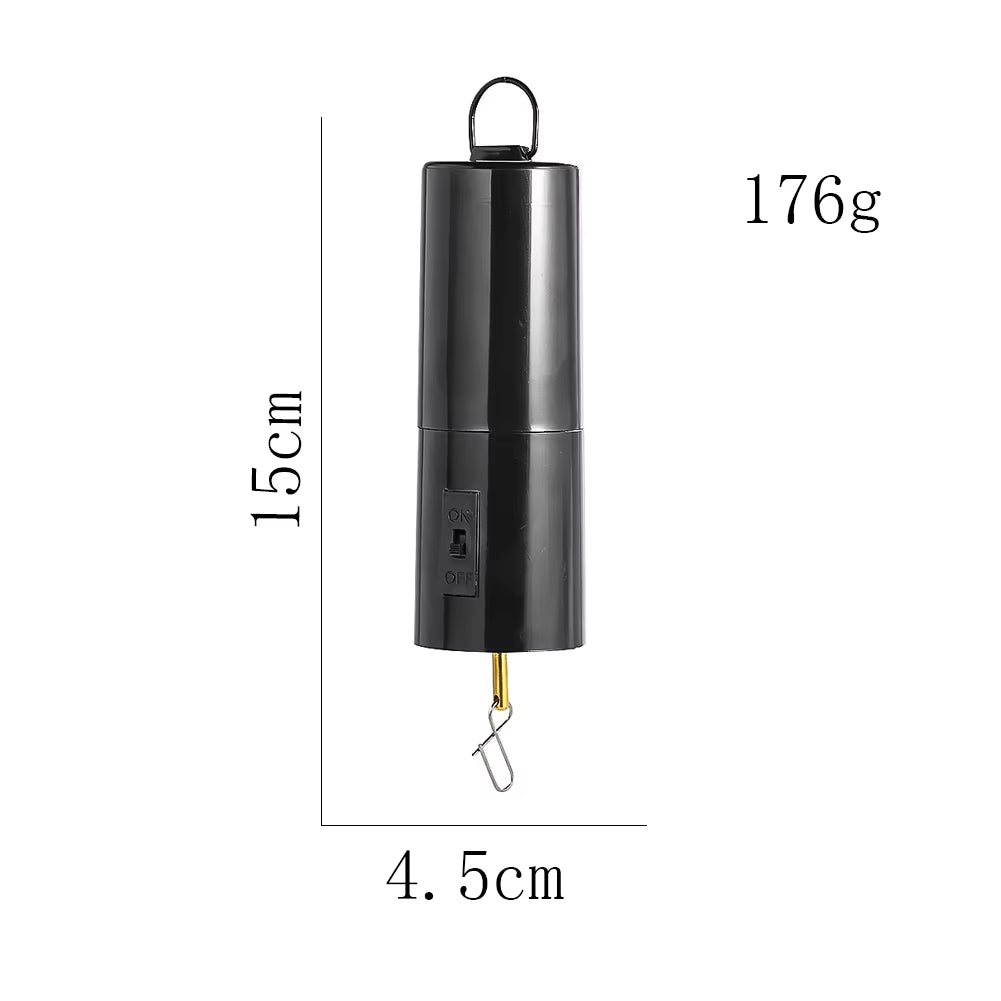 Black cylindrical battery-powered Kinetic Wind Spinner Motor with hook attachment