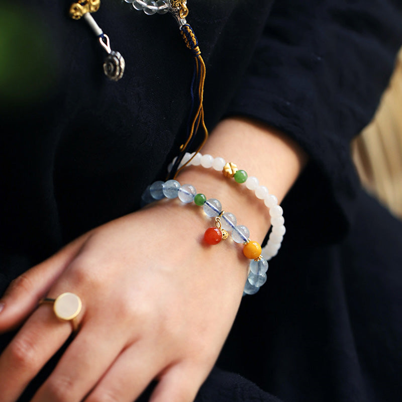 8mm Aquamarine Red Agate Peace Charm Bracelet for Serenity