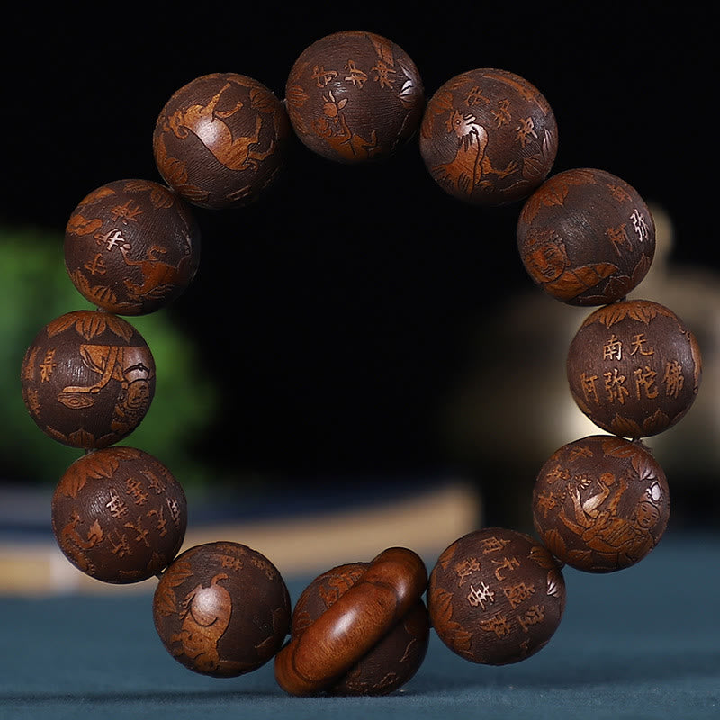 Bracelet zodiaque chinois en bois de rose avec pièce de cuivre sculptée pour le calme
