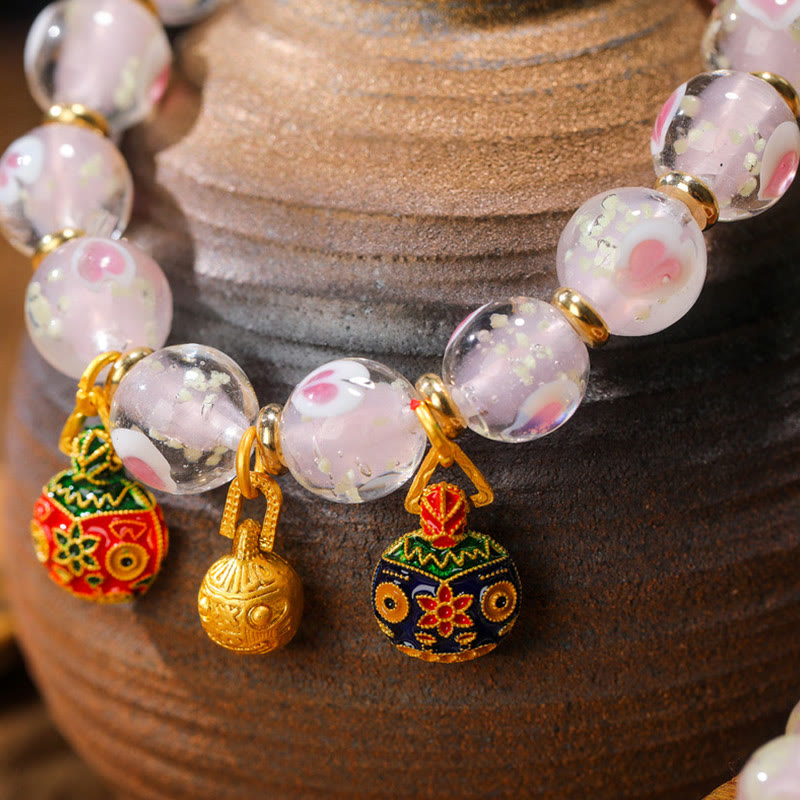 Luminous Pink Love Heart Spiritual Bracelet with Gold Swallowing Beast
