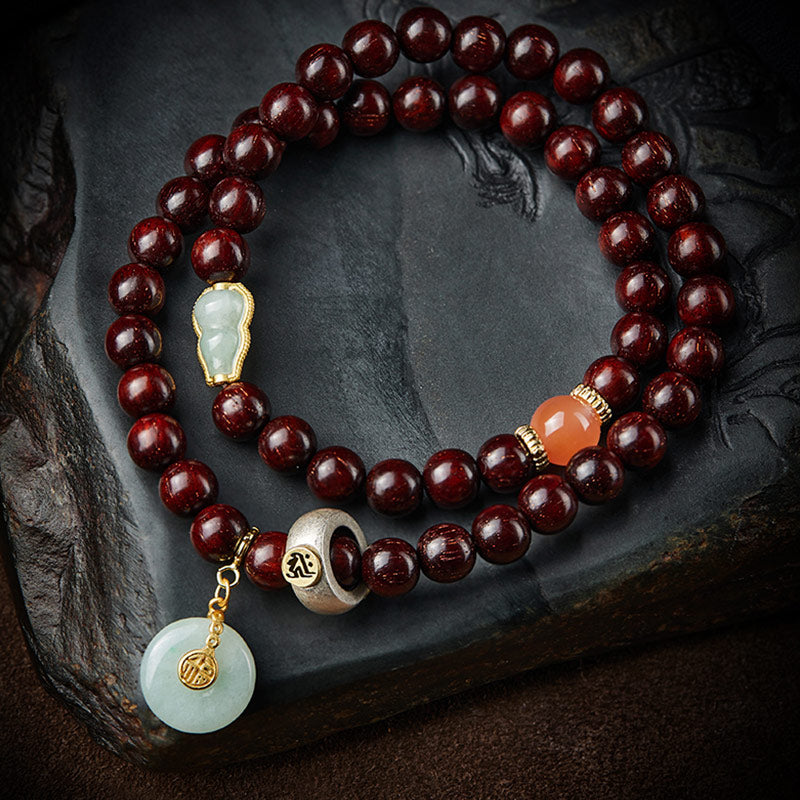 Chinese Zodiac Bracelet with Small Leaf Red Sandalwood & Jade for Protection