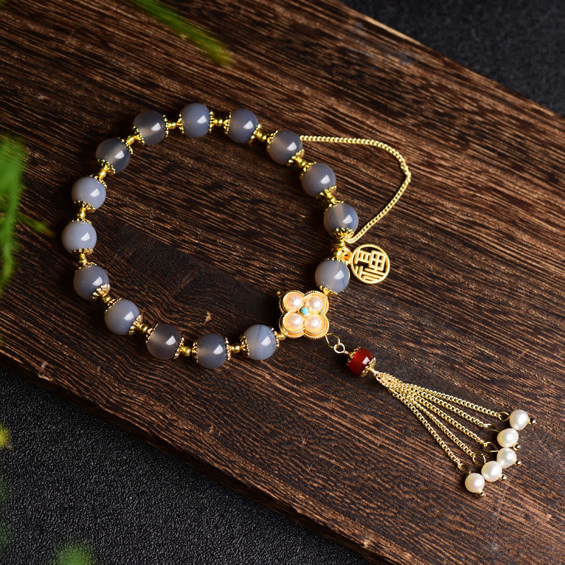 8mm Gray Agate Fu Character Balance Bracelet