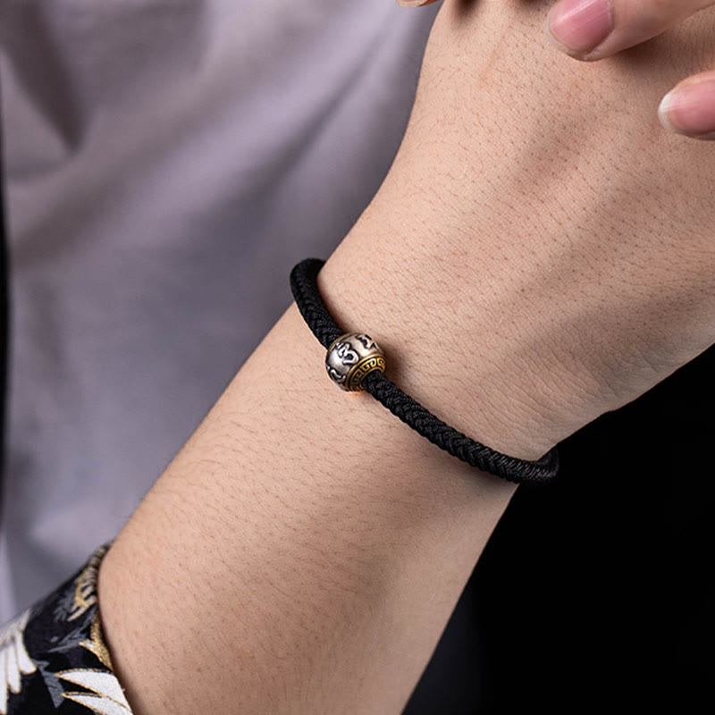 925 Sterling Silver Om Mani Padme Hum Braided Bracelet with King Kong Knot for Luck and Protection