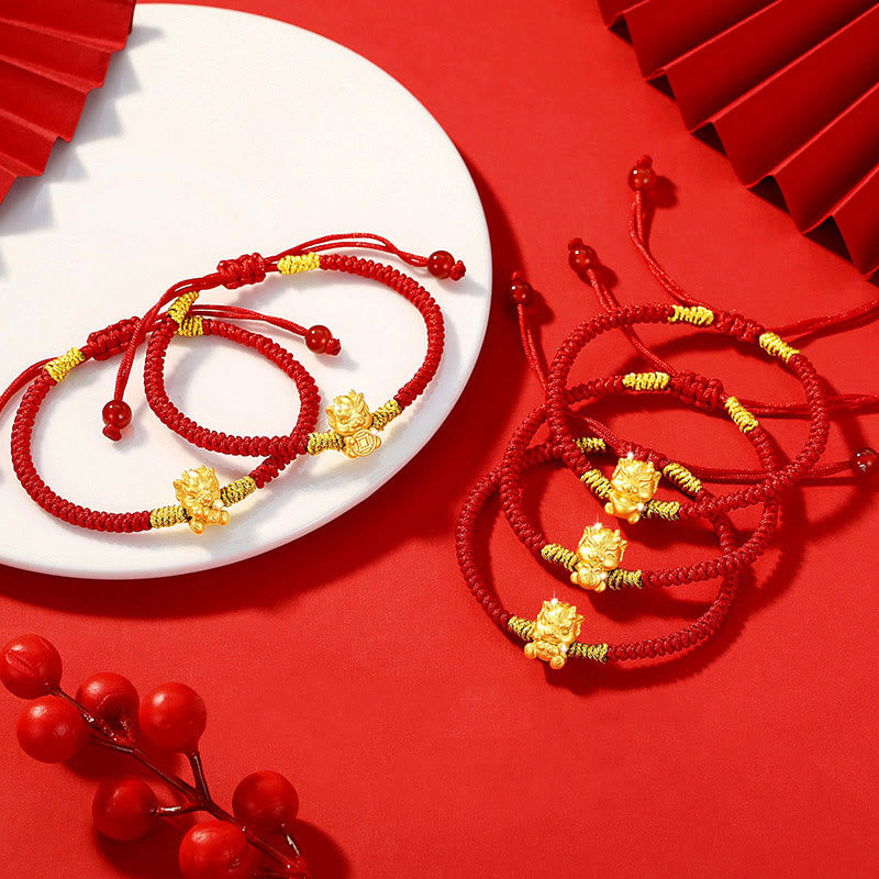 999 Sterling Silver Dragon Bracelet with Red String for Luck & Protection
