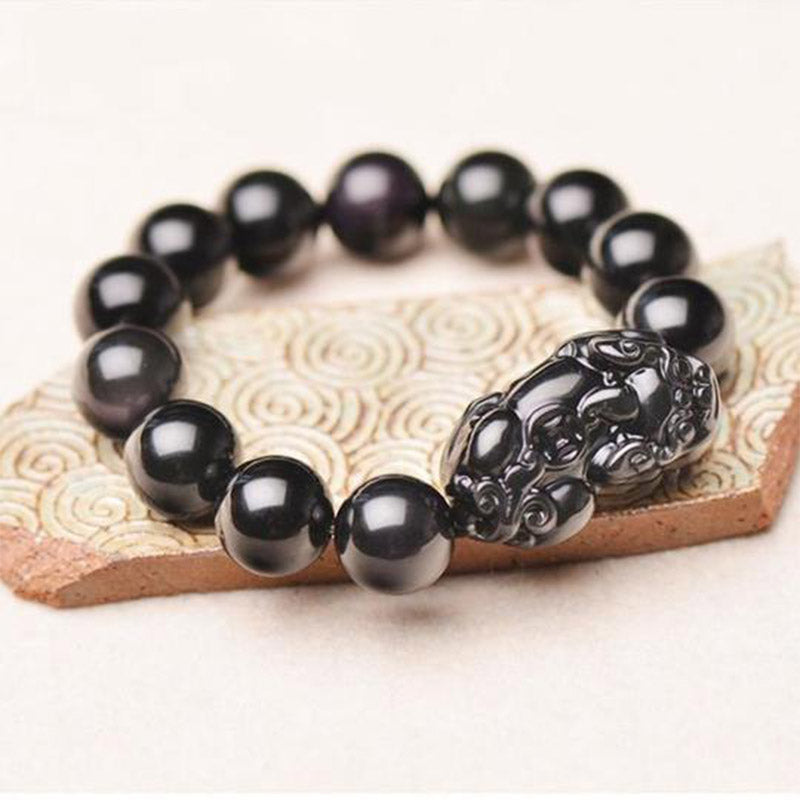 Unisex 10mm Obsidian Pixiu Wealth Bracelet for Feng Shui