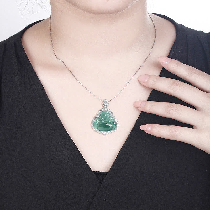 925 Sterling Silver Laughing Buddha Jade Necklace for Luck & Abundance