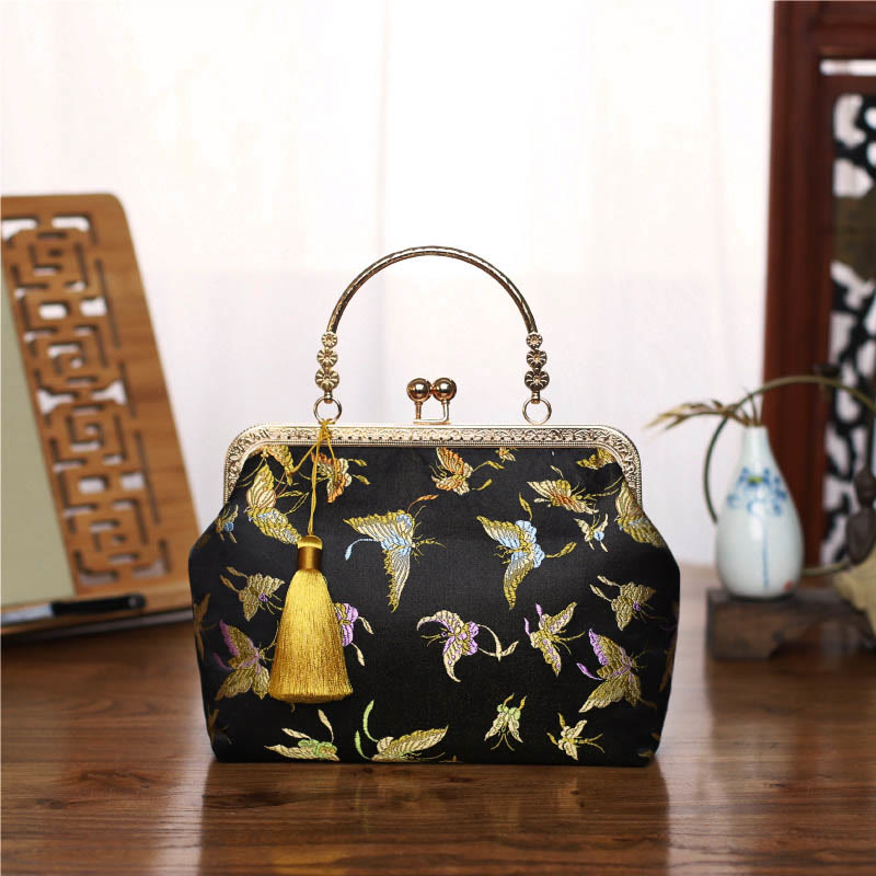 Vintage Flower Butterfly Crane Sea Waves Metal Chain Shoulder Bag