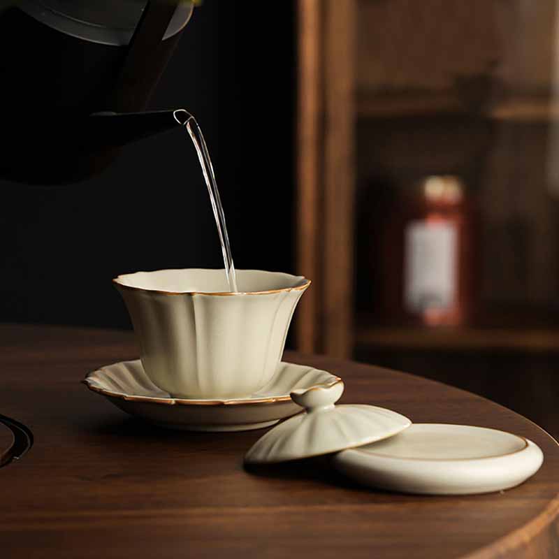 Service à thé Gaiwan en céramique beige à motif de fleurs de prunier, 120 ml