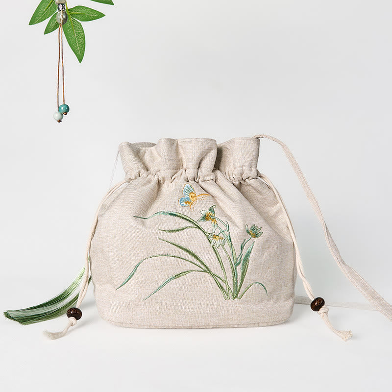 Sac de yoga en coton et lin beige orchidée 19 x 20 x 10 cm