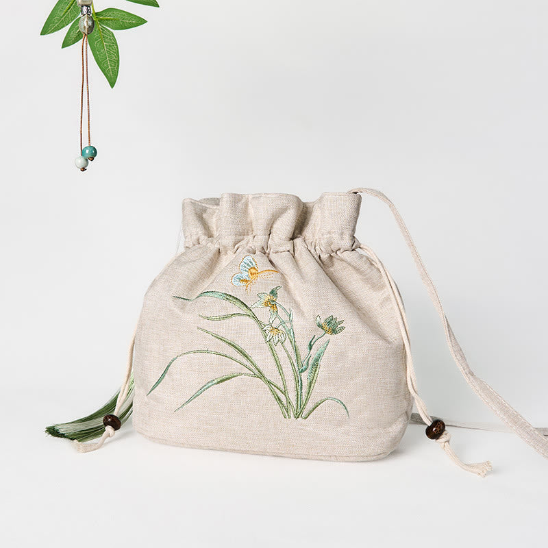 Sac de yoga en coton et lin beige orchidée 19 x 20 x 10 cm