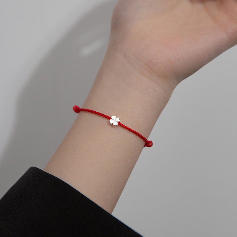 Unisex Red String 925 Silver Four Leaf Clover Bracelet