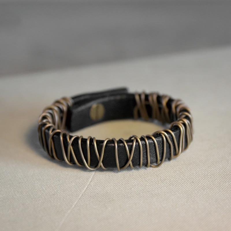 Bracelet d'équilibre spirituel en cuir noir et fil de cuivre
