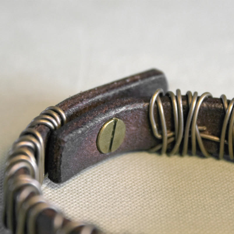 Bracelet d'équilibre spirituel en cuir noir et fil de cuivre