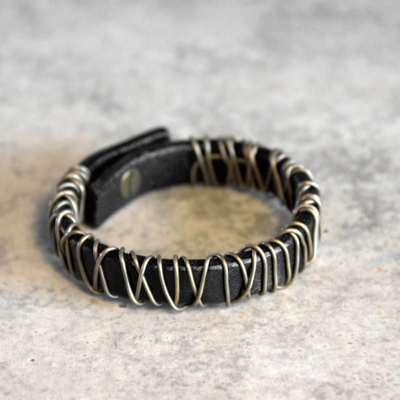 Bracelet d'équilibre spirituel en cuir noir et fil de cuivre