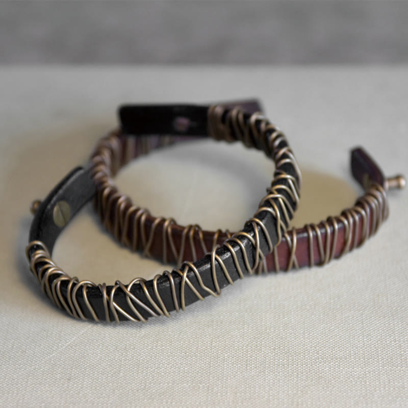 Bracelet d'équilibre spirituel en cuir noir et fil de cuivre
