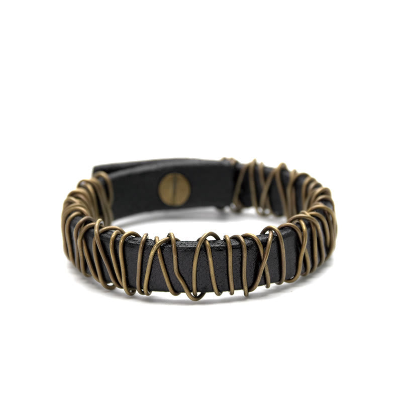 Bracelet d'équilibre spirituel en cuir noir et fil de cuivre