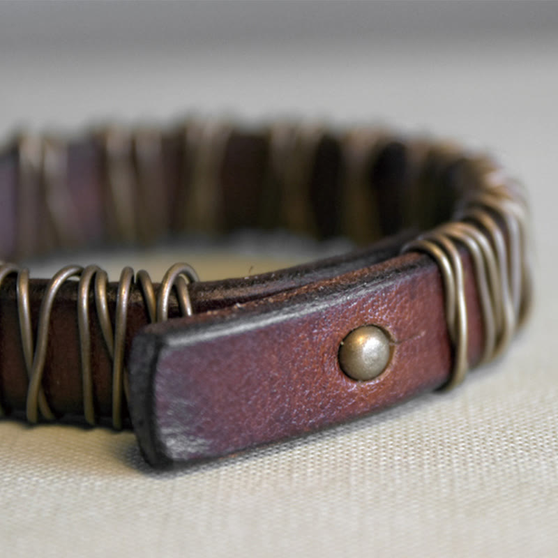 Bracelet d'équilibre spirituel en cuir noir et fil de cuivre