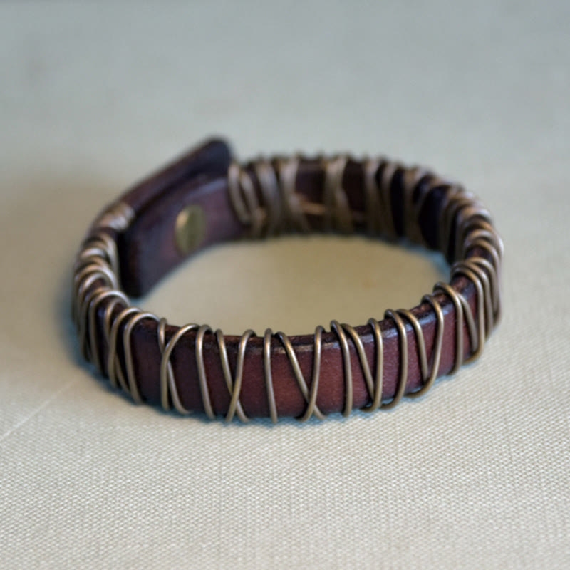 Bracelet d'équilibre spirituel en cuir noir et fil de cuivre